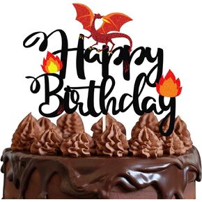 Black Glitter Dragon Happy Birthday Cake Topper,Dragon Knight Theme Birthday Party Cake Decor For Kids Boy Or Girl,Happy Birthday Party Decorations Supplies