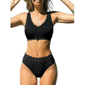 CUPSHE Women's Bikini Sets Two Piece Swimsuit Textured Mid Rise Scalloped V Neck Adjustable Straps