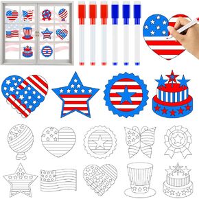 30Pcs 4th of July Arts Crafts for Kids Patriotic Window Suncatchers Craft Kit DIY Independence Day Blue Red White Star Coloring Craft Window Cling Sticker with 6 Markers Home Classroom Decor
