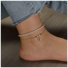 Boho Layered Pearl Ankle Bracelet Gold Shell Anklet Bracelet Vintage Cowrie Anklets Chain Summer Beach Foot Chain Jewelry for Women and Girls 2Pcs
