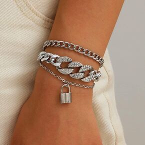 fxmimior 3Tier Boho Fashion Dainty Boho Gold Silver Chain Stackable Lock Bracelets Set for Women Adjustable Beaded Rhinestones Chunky Flat Cable Chain Punk Bracelets Jewelry for Women Girls Gift