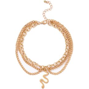 Boho Layered Gold Snake Anklets for Women,Trendy Charm Chains Links Adjustable Dangle Anklet,Punk Beach Foot Chain Jewelry Gift for Teen Girls