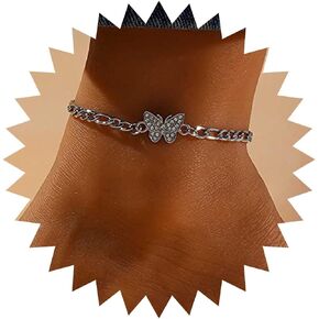 Boho Crystal Butterfly Anklet Bracelet Cz Paved Rhinestone Butterfly Ankle Bracelet Silver Cz Butterfly Dangle Ankle Foot Chain Beach Curb Chain Foot Jewelry for Women and Girls