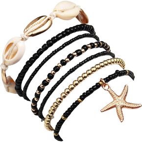 Pingyongchang Layered Shell Beaded Bracelets for Women Boho Seashell Beaded Gold Starfish Woven Bracelet Summer Beach Wind Starfish Rice Beads Bracelet Set for Girls Gifts Jewelry Accessories