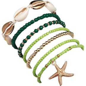 Pingyongchang Layered Shell Beaded Bracelets for Women Boho Seashell Beaded Gold Starfish Woven Bracelet Summer Beach Wind Starfish Rice Beads Bracelet Set for Girls Gifts Jewelry Accessories