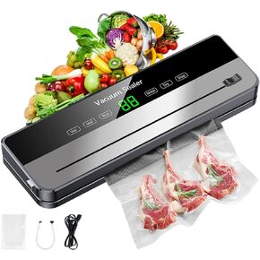 Vacuum Sealer Machine, Dry/Moist Food Vacuum Sealer for Food Storage and Sous Vide, With External Vacuum & 1 Air Suction Hose, Built-in Cutter, 10 Vacuum Sealer Bags (light gray)