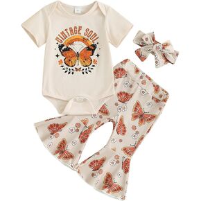 TheFound Toddler Baby Girls Outfit 3 6 12 18 Months Butterfly Print Short Sleeves Romper Flare Pants Headband Summer Clothes