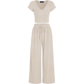 CIDER V-neck Short Sleeve Crop Tee & Knotted Wide Leg Pants Set