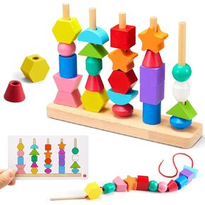 Montessori Preschool Educational Wooden Toys for Toddler 3 4 5 Years Old Lacing Beads & Stacking Blocks & Shape Sorting Gifts for Kids Boy Girl Elderly(with Storage Shape Matching Box)