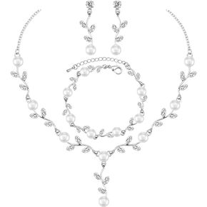 Luxury Cubic Zirconia Necklace Earrings Bracelet Bridal Pearls CZ Crystal Wedding Jewelry Sets for Brides Bridesmaids #1045