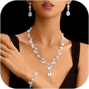 FINREZIO Silver Bridal Jewelry Set for Women Rhinestone Necklace Bracelet Earring Set Crystal Bracelet Wedding Prom Jewelry for Brides