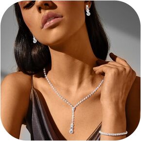FINREZIO Silver Bridal Jewelry Set for Women Rhinestone Necklace Bracelet Earring Set Crystal Bracelet Wedding Prom Jewelry for Brides