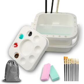Paint Brush Cleaner, with Tray Palette Lid, 10 PCS Paint Brushes, 2 Art Sponges for Acrylic, Watercolor, Oil, Gouache Painting (rectangular)