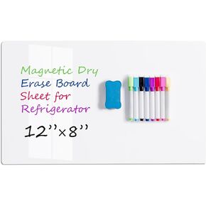 Magnetic Dry Erase Whiteboard for Fridge 12×8in Easy to Write and Clean White Board Notepad for Refrigerator Suitable for All Smooth Metals Surfaces,8 Markers and Eraser with Magnets