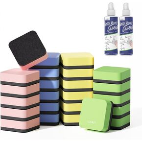 loukin Mini Magnetic Dry Erase Eraser 12 Pack (1 Bottle of 3.4 fl oz Whiteboard Cleaner Included), Small White Board Eraser, Chalkboard Glass Board Erasers, for Classrooms, Home, Office (4 Colors)