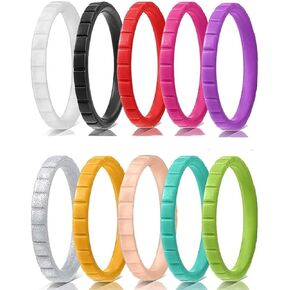 Silicone Wedding Rings for Women, 10pcs Thin Stackable Rubber Ring Set 3mm Width Simple Stepped Silicone Ring Bands for Couples Size 5-10