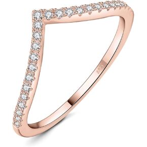 JewelryPalace V Shape Round Cut Cubic Zirconia Wedding Band for Women, 14K Rose Gold 925 Sterling Silver Promise Ring for Her, Simulated Diamond Anniversary Stackable Rings 10