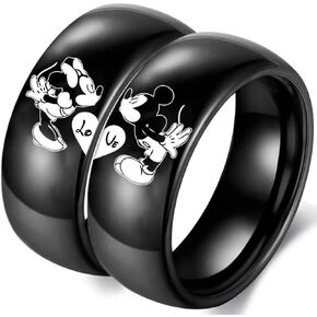 Love Heart Rings for Couples Mickey Minnie's Kiss Romantic Promise Rings Black Wedding Bands for Him and Her Stainless Steel Band Size 5-13