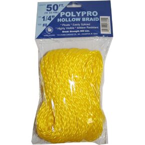 T.W Evans Cordage 1/4-Inch by 50-Feet Hollow Braid Polypro Rope, Yellow