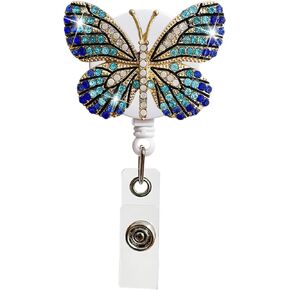 Blue Butterfly Rhinestones Retractable Badge Reel, Diamond Nurse Badge Holder Reels with Swivel Alligator Clip Badge Holders for Teachers Volunteers Employees Identification Badges and Supplies