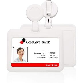 ID Badge Holder Case Horizontal with Reel Clip Retractable Heavy Duty Credit Card Business Card Office Supplies (Black)