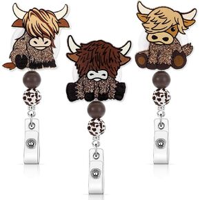 3Pcs Highland Cow Badge Reel Retractable with Clips Cute Glitter Cow ID Card Name Badge Holder for Nurse Doctor Teacher Student Office School Supplies