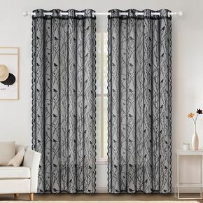 Vannokor Black Sheer Curtains 63 Inch Length 2 Panels,Window Curtains for Living Room Boho,Embroidered Bird Light Filtering Curtains for Bedroom.52 x63