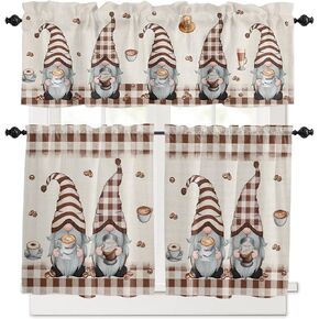 Coffee Gnomes Kitchen Curtains Set Short Half Curtains 36 Inches Length, Retro Brown Plaid Coffee Beans Rod Pocket Window Treatment Bedroom Tiers and Valance Set for Cafe Bathroom