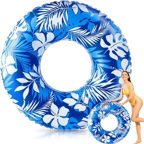 Jumbo Float Tube 47.24 Inches Inflatable Pool Floats Large Pool Tube Tropical Leaves Inflatable Tube Blue White Pool Rings Beach Swimming Ring for Adults Kids Summer Supplies