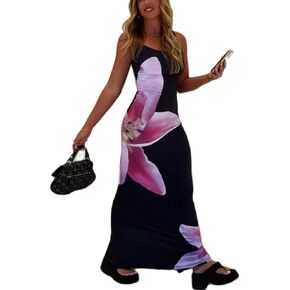 KMBANGI Women Floral Slip Dress Spaghetti Strap Flowers Print Maxi Dresses Backless Y2k Bodycon Slim Boho Long Sundress