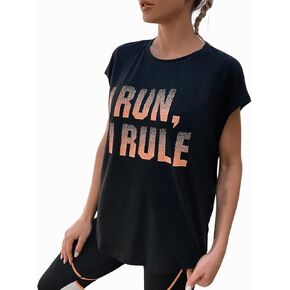 Verdusa Women's Workout Top Letter Print Cap Sleeve Yoga Athletic T Shirt
