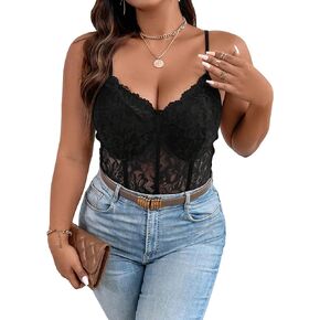 COZYEASE Women's Plus Size Lace Bustier Cami Bodysuit Sleeveless Sheer Mesh Corset Romper
