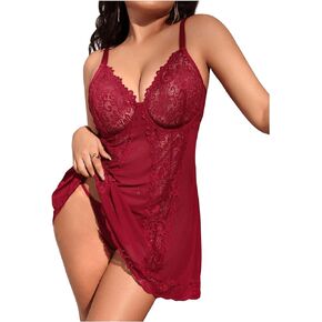 MakeMeChic Women's Plus Size 2 Piece Lace Babydoll Lingerie Backless V Neck Slip Nightgown with Thong
