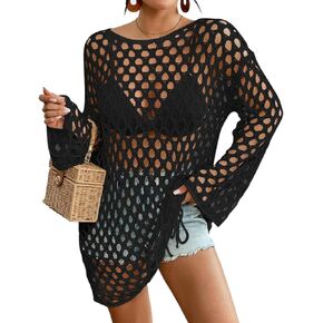 Bsubseach Crochet Swimsuit Coverup for Women Long Sleeve Swim Cover Up Hollow Out Knitted Bikini Beachwear