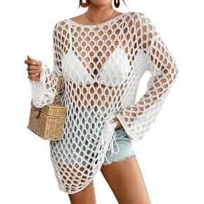 Bsubseach Crochet Swimsuit Coverup for Women Long Sleeve Swim Cover Up Hollow Out Knitted Bikini Beachwear