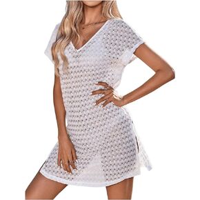Floerns Women's Crochet Hollow Out Short Sleeve Beach Swimwear Cover Ups