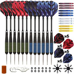 Steel Tip Darts Set - Professional 12PC Darts Steel Tip for Dartboard - Includes Steel Brass Barrels + Plastic & Aluminum Shafts + O-Ring's + Flights & Protectors + Sharpener + Wrench