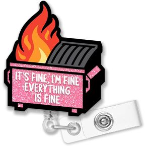 Retractable It's Fine, I'm Fine Everything is Fine Badge Reel with Alligator Clip, Funny Blue Glitter Dumpster Fire Badge Holder Gift for Doctors Nurses Office Worker Social Worker Teacher