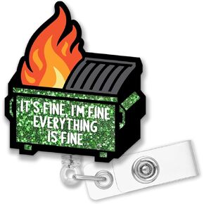 Retractable It's Fine, I'm Fine Everything is Fine Badge Reel with Alligator Clip, Funny Blue Glitter Dumpster Fire Badge Holder Gift for Doctors Nurses Office Worker Social Worker Teacher