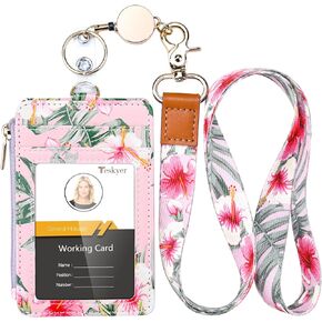 Teskyer Retractable Lanyard with ID Badge Holder, Stylish Pattern Lanyard Wallet, 4 Card Slots Zipper Pocket Badge Holder Women & Girls, Blue Background Flowers