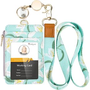 Teskyer Retractable Lanyard with ID Badge Holder, Stylish Pattern Lanyard Wallet, 4 Card Slots Zipper Pocket Badge Holder Women & Girls, Blue Background Flowers