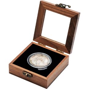 Single Walnut Wood Challenge Coin Presentation Display Gift Box Storage Case with Hinge/Clear Top and Plastic Coin Capsules with Adjustable Gasket