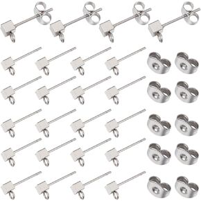 SUNNYCLUE 1 Box 50Pcs 304 Stainless Steel Earring Posts Cube Stud Earring with Loop 0.5mm Pin Silver Butterfly Ear Nuts Earring Posts and Backs Studs for Jewelry Making Earrings Supplies DIY Handmade