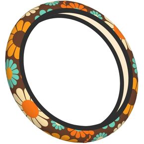 Colorful Floral Flowers and Leaves on Blue Steering Wheel Covers, Breathable Anti-Slip Sweat Absorption Universal 15" Car Wheel Cover Accessories for Men Women Fit for Sedans,Suvs,Cars,Trucks