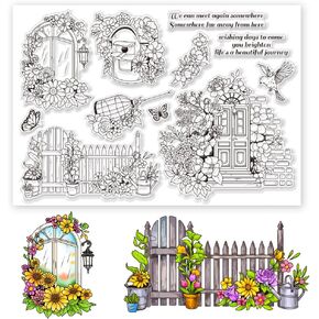 Door Fence Landscape Clear Stamps Large Size Flower Bird Cage Silicone Stamp Garden Blooming Scenery Stamps for Card Making DIY Scrapbooking Photo Album Journal Decoration