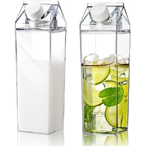 2 Pack 17oz Milk Carton Water Bottle Reusable Clear Plastic Milk Box Portable Square Juice Bottle Box Shaped Container Juice Tea Jug for Outdoor Sports Travel Camping