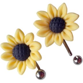 Sunflower Belly Button Rings for Women Girls, 14 Gauge Long Belly Ring Stud Body Piercing Navel Rings (2 Pack)