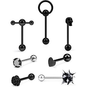 Prjndjw 14G Tongue Rings Skull Tongue Rings Flower/Door Knocker/Silicone Soft Spike Ball/Heart/Cubic Zircon/Double Barbell Wiht Slave Tongue Rings for Women men Body Piercing Jewelry
