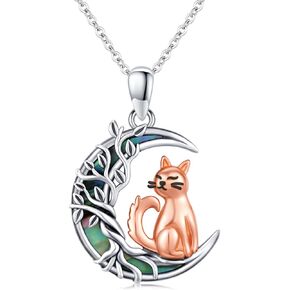 Cat/Fox Necklace for Women Girls 925 Sterling Silver Celtic Moon Tree of Life Pendant Animal Jewelry Gifts for Women Girls