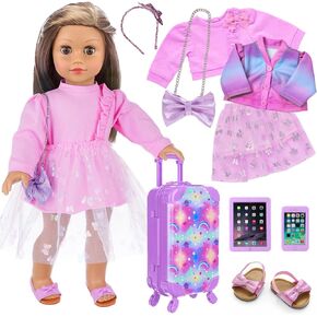Ecore Fun 18 Inch Girl Doll Accessories Suitcase Travel Luggage Set with Carrier Storage,Clothes, Skirt,Shoes,Cross-Body Bag,Hair Hoop,Cellphone,Panel Computer(No Doll)